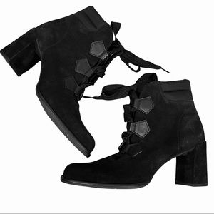 NEW Pedro Garcia Boots Black Lambskin Suede Block Heel Combat Style Lace Up